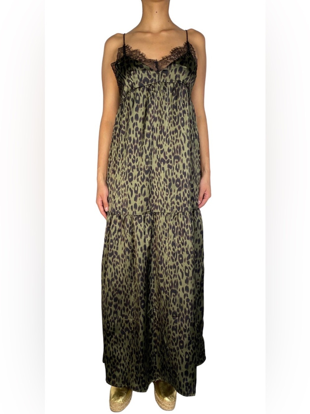 Lovestitch Women’s Olive Green Leopard Tiered Print Lace Maxi Dress Size Small